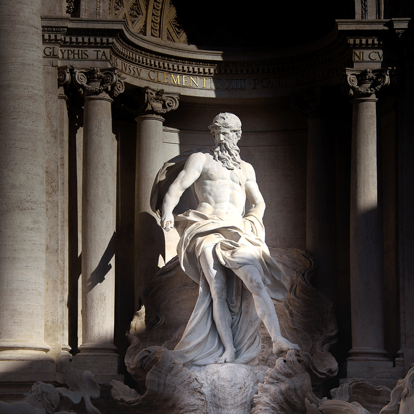 Oceanous stands in the Trevi fountain